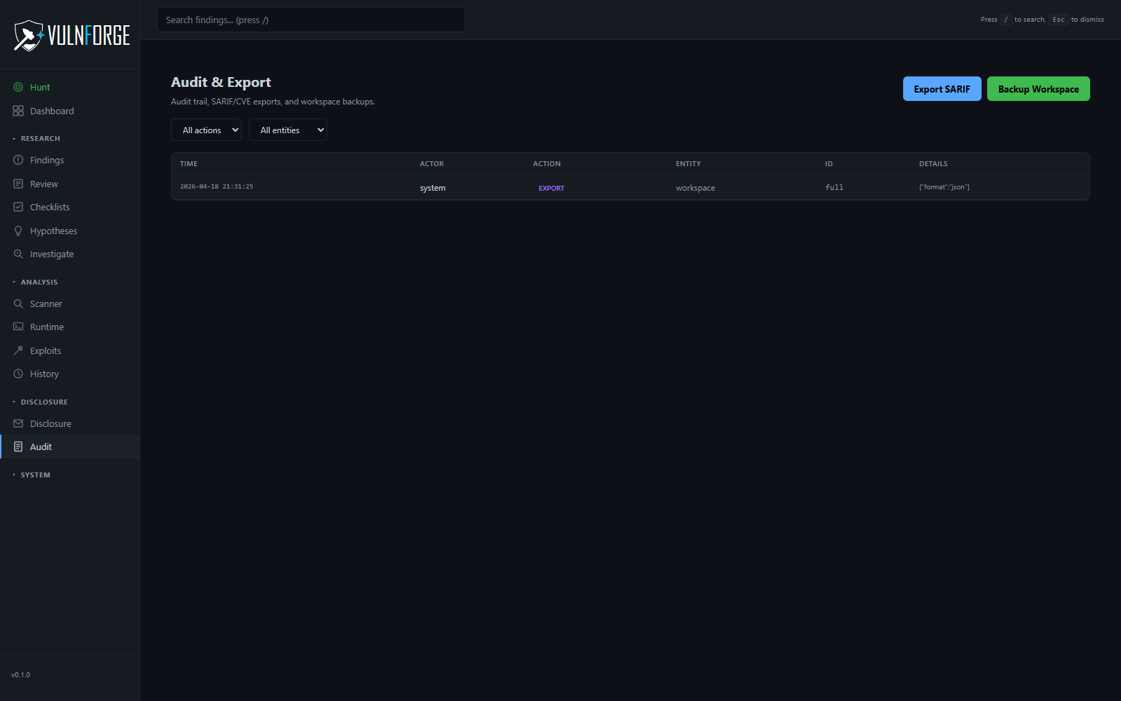 VulnForge Audit & Export page — Export SARIF + Backup Workspace buttons above a filterable audit log of every action