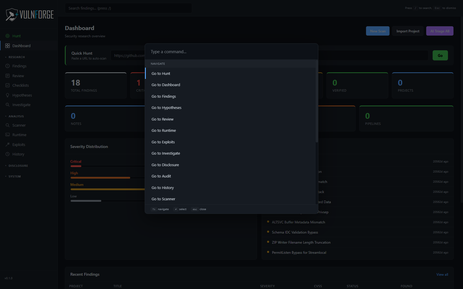 VulnForge command palette (Ctrl/Cmd+K) open over the dashboard — fuzzy-match navigation to every page