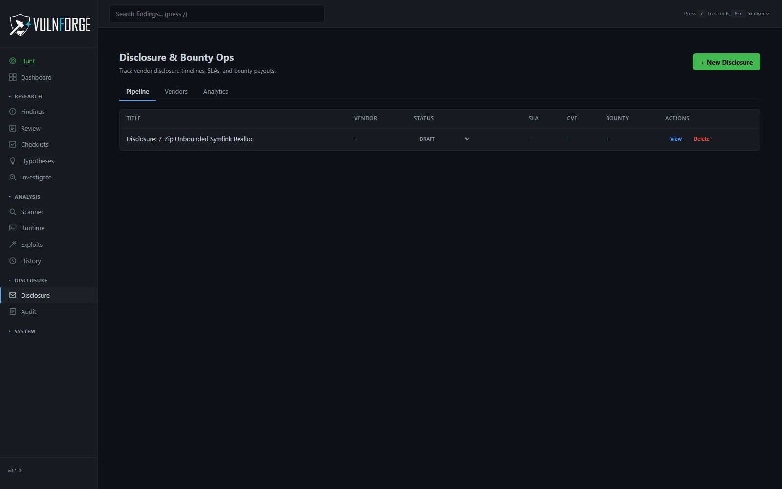 VulnForge Disclosure & Bounty Ops page — Pipeline, Vendors, and Analytics tabs with SLA status + CVE + bounty columns