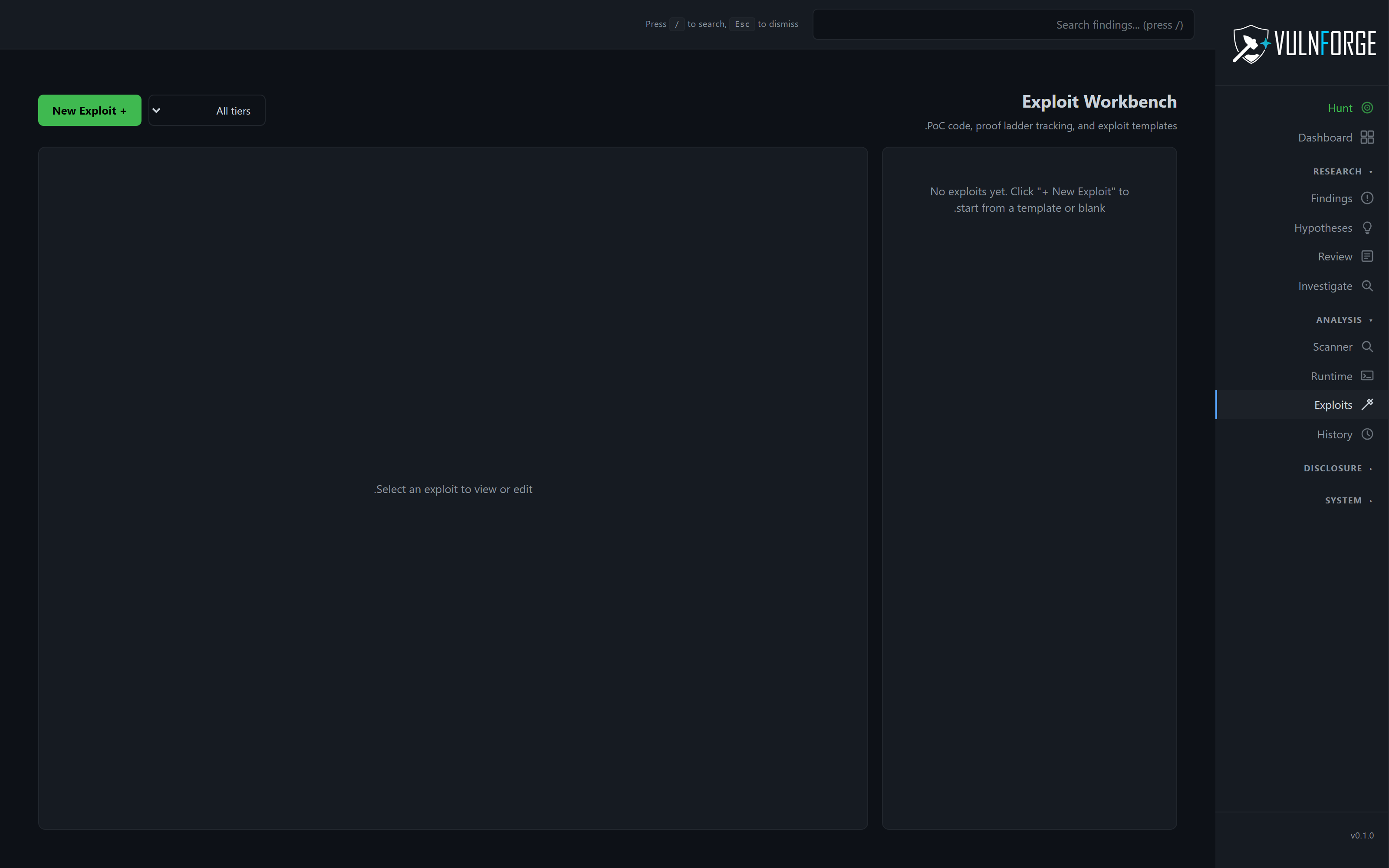 VulnForge Exploits page