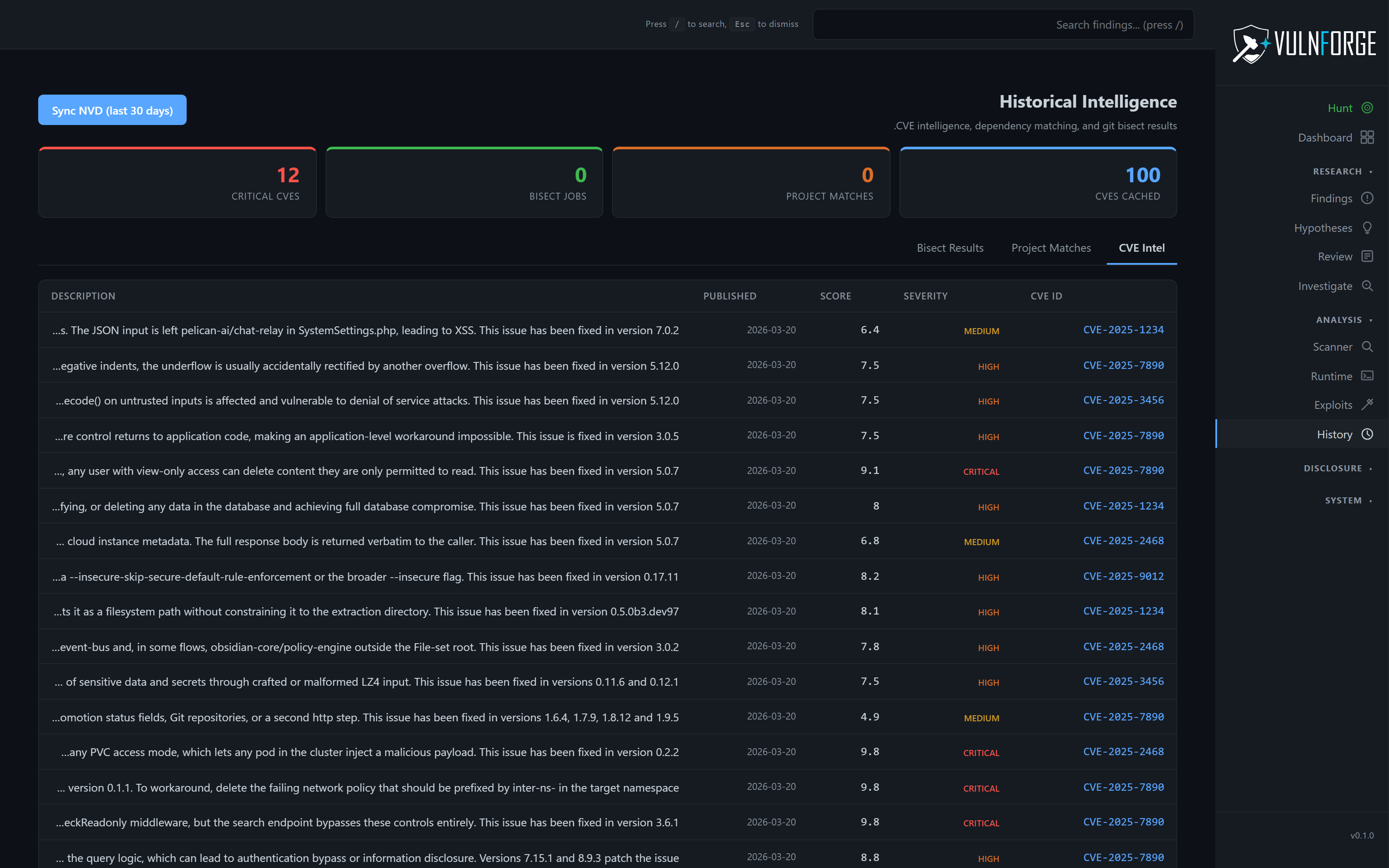 VulnForge Historical Intelligence — NVD sync, git bisect, patch analysis