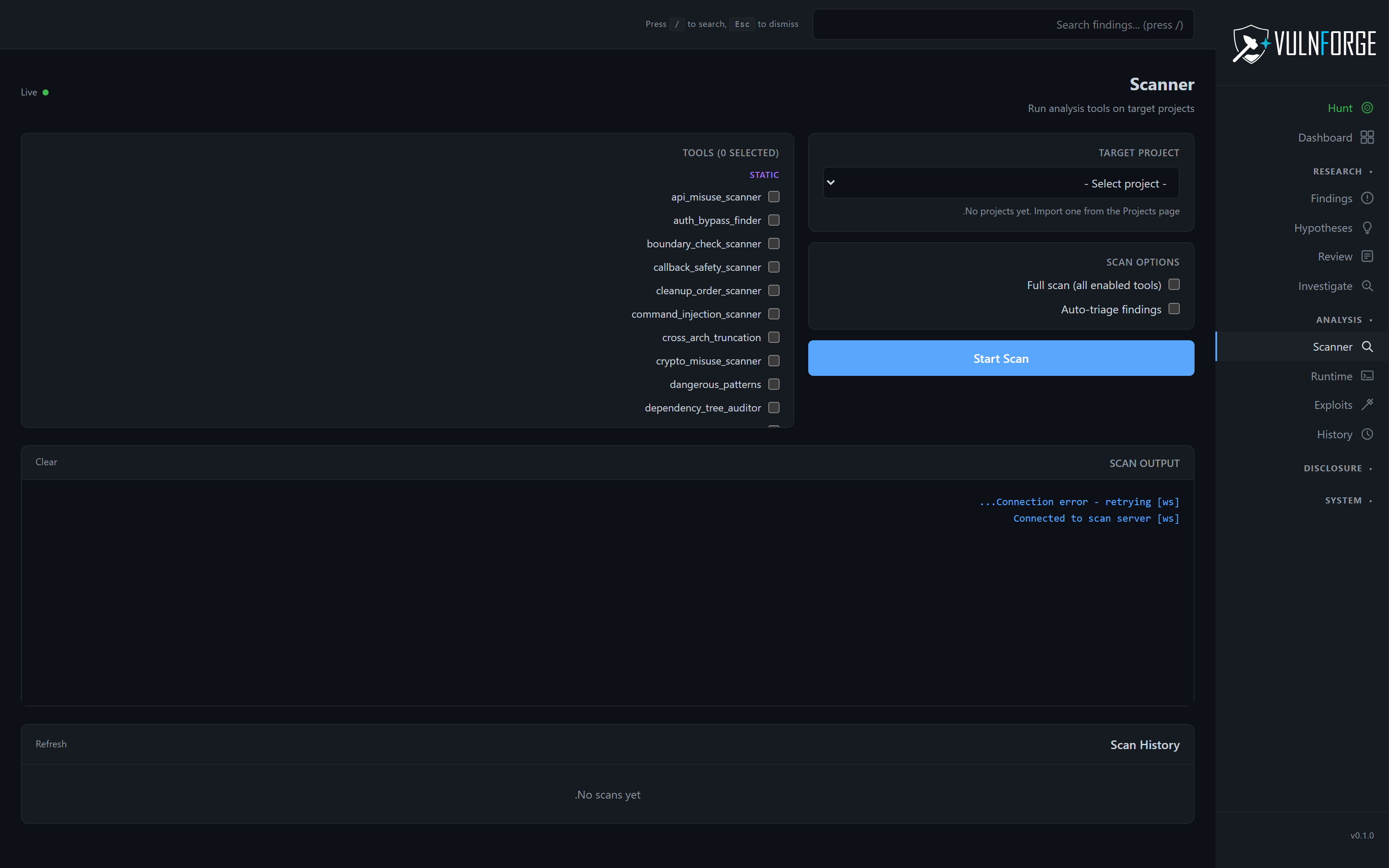 VulnForge Scanner page